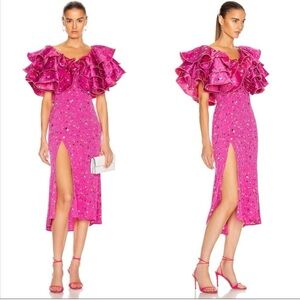 Rotate Birger Christensen Pink Splatter Ruffled Midi Dress Size 2/XS